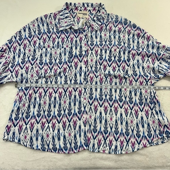 Savana Jane Button Down Woman’s Blouse Size 1X Roll Tab Sleeve Boxy New Aztec - Picture 8 of 9
